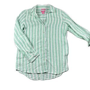 Isaac Mizrahi Women Linen Button Up Shirt Roll Tab Sleeve Stripes Seafoam M L128